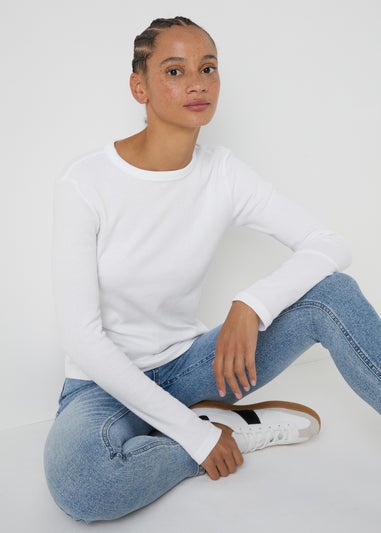 White Ribbed Long Sleeve Top