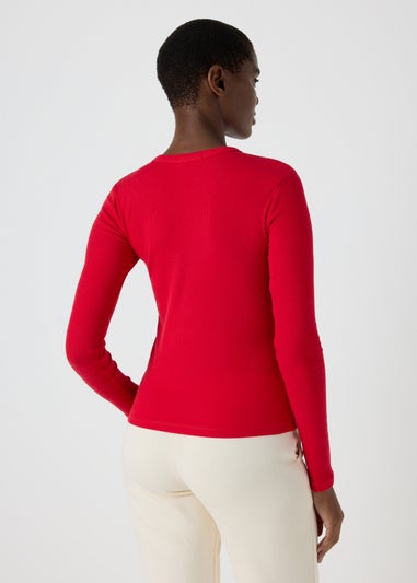 Red Ribbed Long Sleeve Top