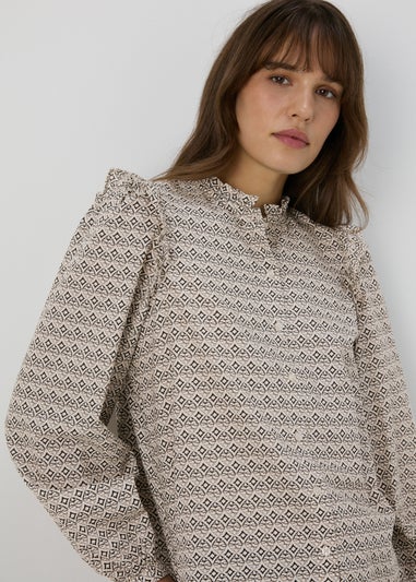 Cream Geometric Print Ruffle Neck Blouse