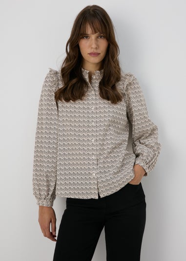 Cream Geometric Print Ruffle Neck Blouse