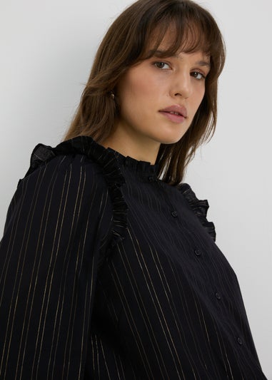 Black Stripe Ruffle Neck Shirt