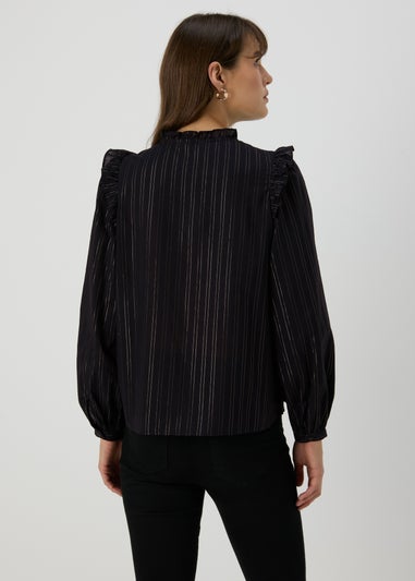 Black Stripe Ruffle Neck Shirt