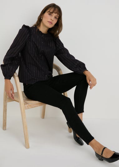 Black Stripe Ruffle Neck Shirt