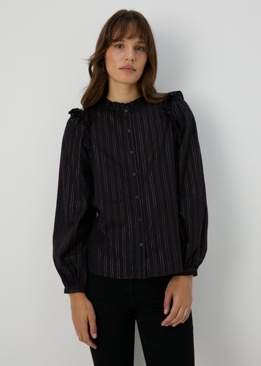 Black Stripe Ruffle Neck Shirt