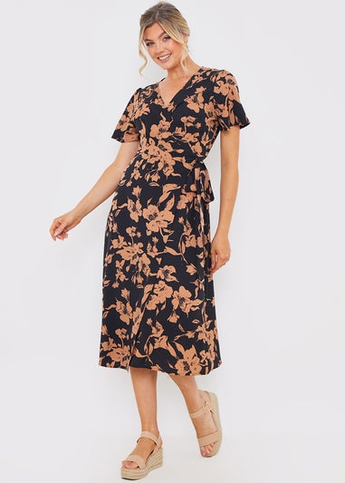 In The Style Black Floral Wrap Midi Dress