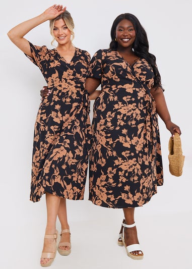 In The Style Black Floral Wrap Midi Dress