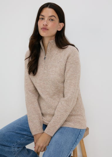 Beige Zip Ribbed Jumper