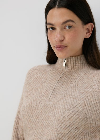 Beige Zip Ribbed Jumper