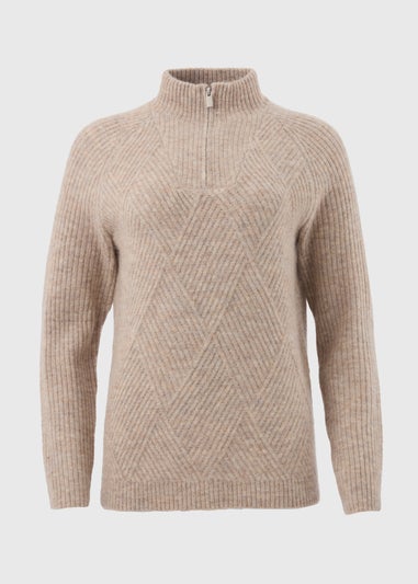 Beige Zip Ribbed Jumper