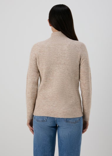 Beige Zip Ribbed Jumper