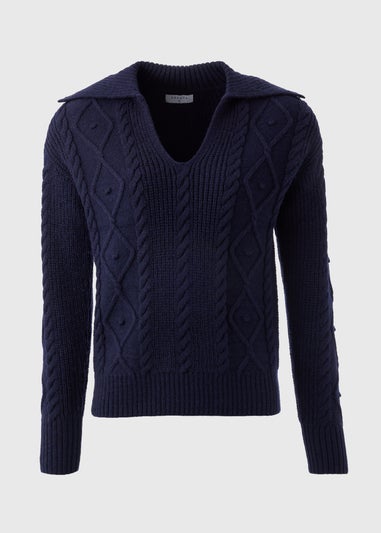 Navy Open Collar Cable Knit Jumper