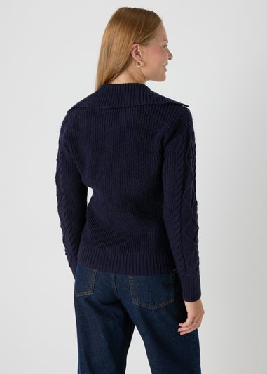 Navy Open Collar Cable Knit Jumper