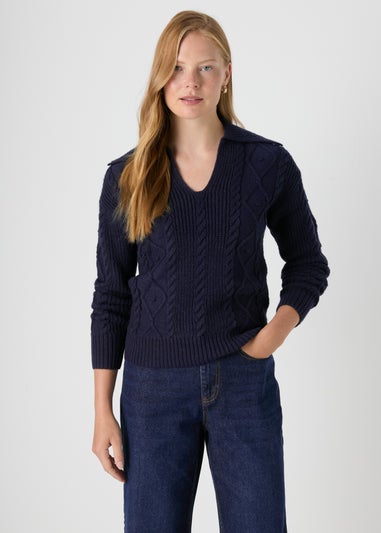 Navy Open Collar Cable Knit Jumper