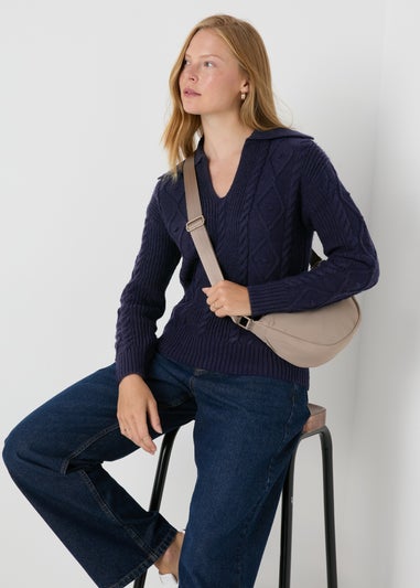 Navy Open Collar Cable Knit Jumper