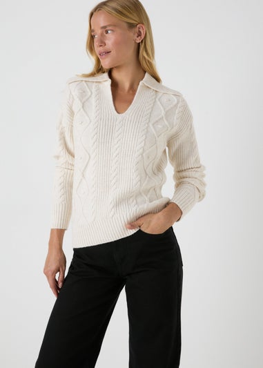 Cream Open Collar Cable Knit Jumper