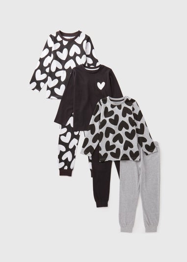 3 Pack Girls Black Heart Top & Bottoms Pyjama Set (7-13yrs)