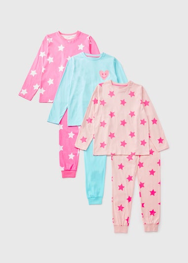 3 Pack Girls Pink Star Pyjama Top & Bottoms Set (10-12yrs)