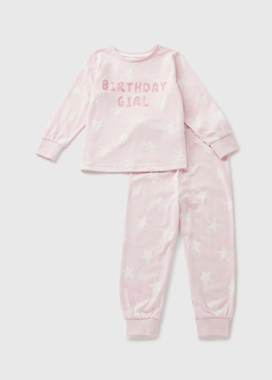 Girls Pink Birthday Top & Bottom Pyjama Set (1-7yrs)