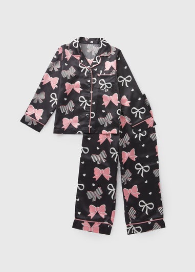 Girls Black Satin Bow Pyjama Set (4-12yrs)