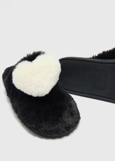 Black Heart Pom Mule Slippers