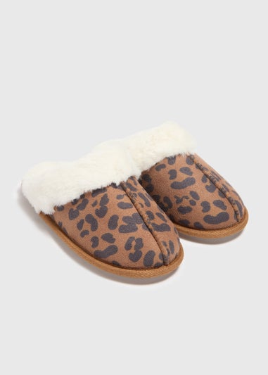 Girls Tan Leopard Mule Slippers (Younger 10-Older 5)