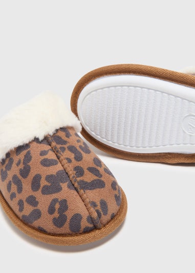 Girls Tan Leopard Mule Slippers (Younger 10-Older 5)