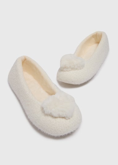 Cream Heart Pom Ballet Slippers