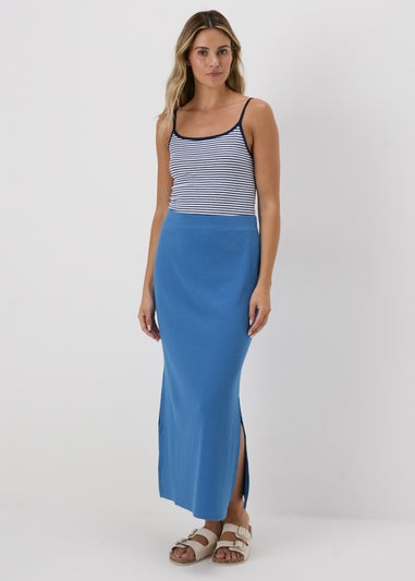 Blue Ribbed Midi Skirt