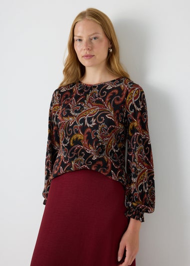 Black Paisley Plisse Top