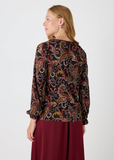 Black Paisley Plisse Top