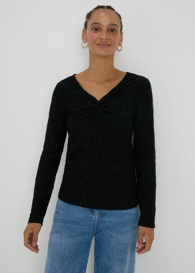 Black Twist Front Textured Top