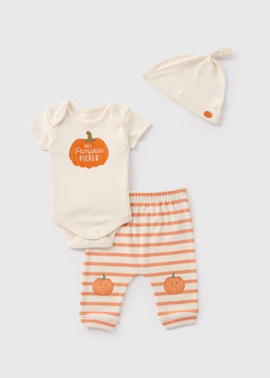 Baby Cream Pumpkin Bodysuit, Hat, & Leggings Set (Newborn-18mths)