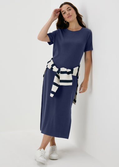 Papaya Petite Navy Ribbed Midi T-Shirt Dress