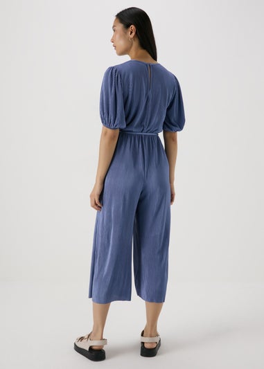 Blue Plisse V-Neck Jumpsuit