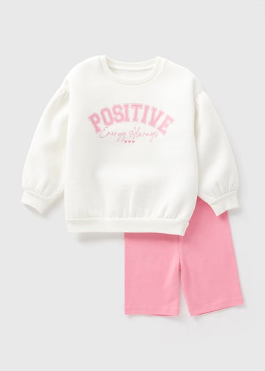 Girls Cream Positive Sweatshirt & Cycling Shorts Set (1-7yrs)