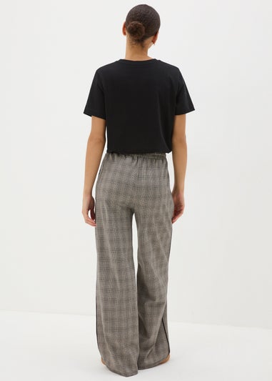 Beige Check Wide Leg Trousers