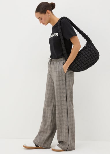 Beige Check Wide Leg Trousers