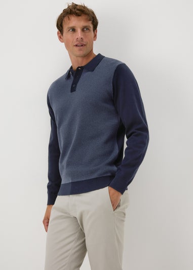 Navy Textured Knit Polo Shirt,