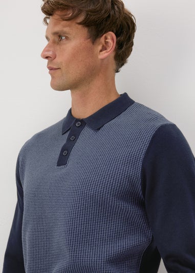 Navy Textured Knit Polo Shirt,