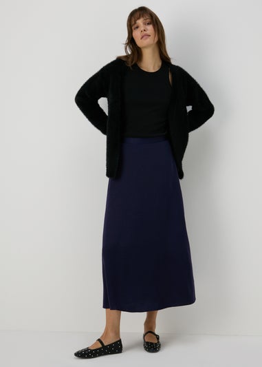 Navy Satin Midi Skirt