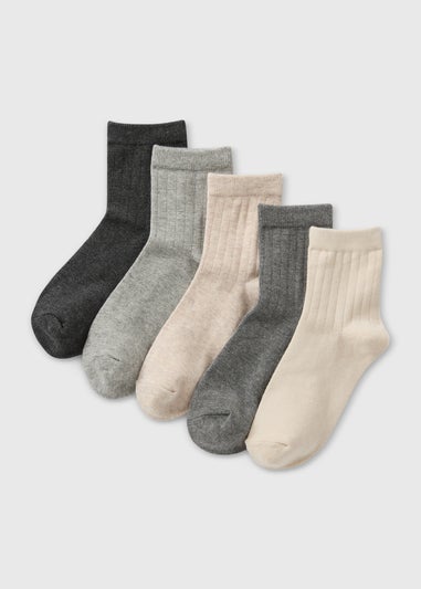 5 Pack Grey Ribbed Ankle Socks (Younger 9-Older 6.5)