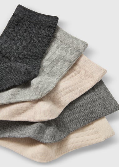 5 Pack Grey Ribbed Ankle Socks (Younger 9-Older 6.5)