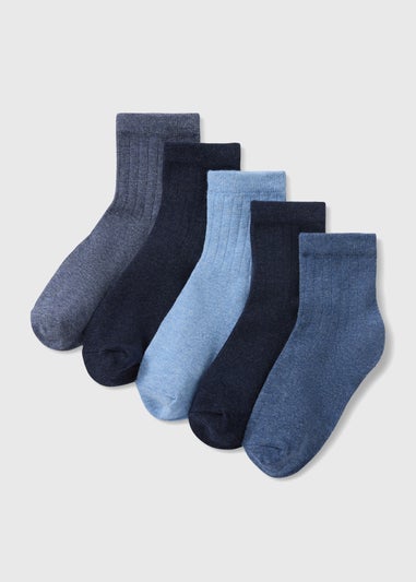 Kids 5 Pack Blue Ribbed Ankle Socks (Younger 9-Older 6.5)