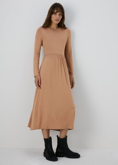 Camel Long Sleeve Midi Dress