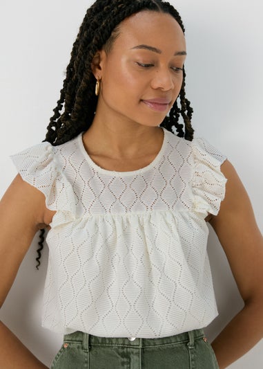 Ecru  Pointelle Ruffle Top