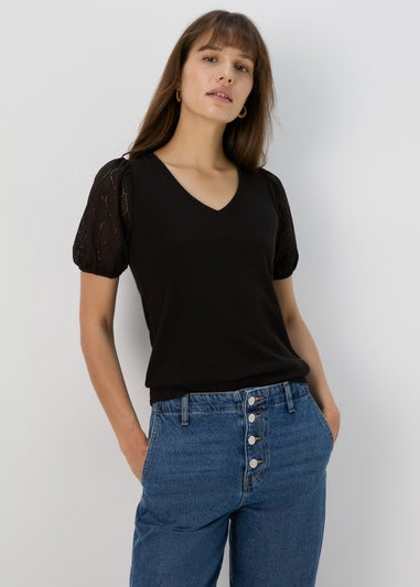 Black Pointelle Sleeve Top