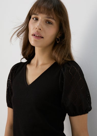 Black Pointelle Sleeve Top