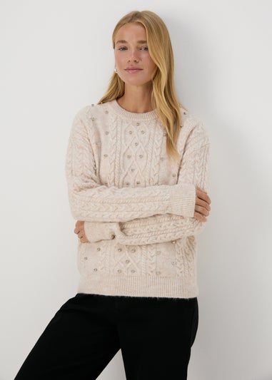 Cream Embellished Cable Knit Jumper