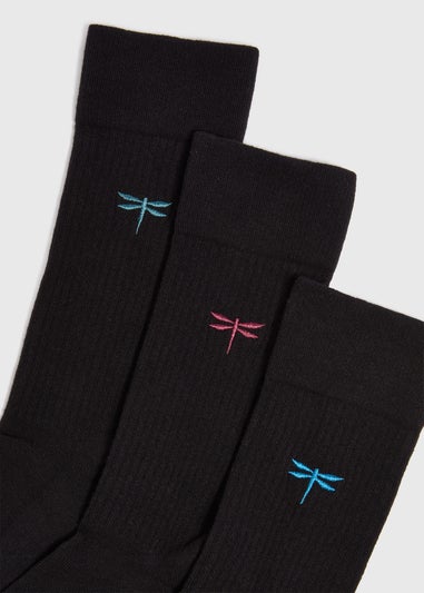 3 Pack Black embroidered Dragonfly Socks