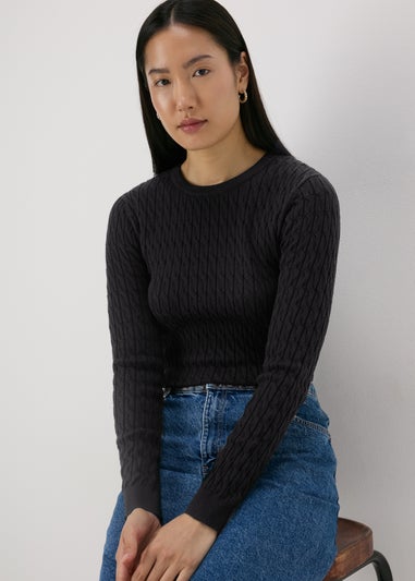 Black Cable Knit Crew Jumper